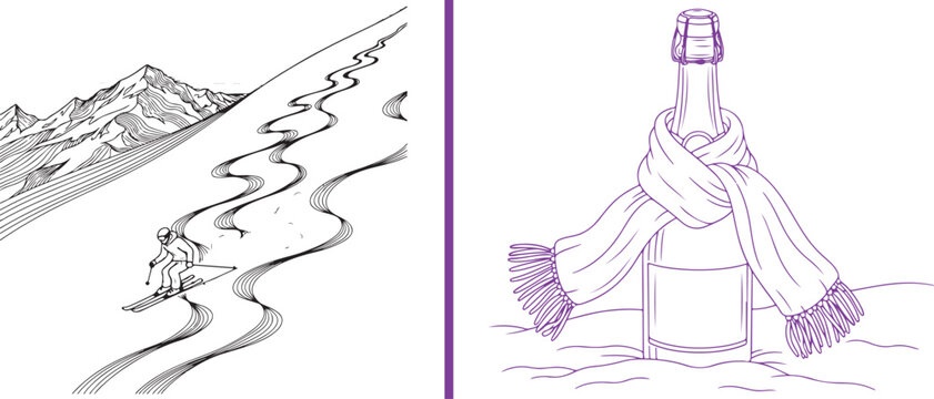 A minimalist purple line-art vector featuring a skier carving tracks down a snowy mountain slope next to an illustration of a champagne bottle wrapped in a cozy winter scarf.
