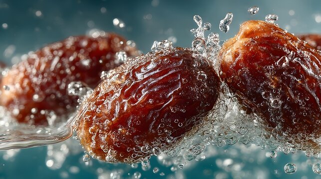 Fresh dates falling into clear water with splash and bubbles