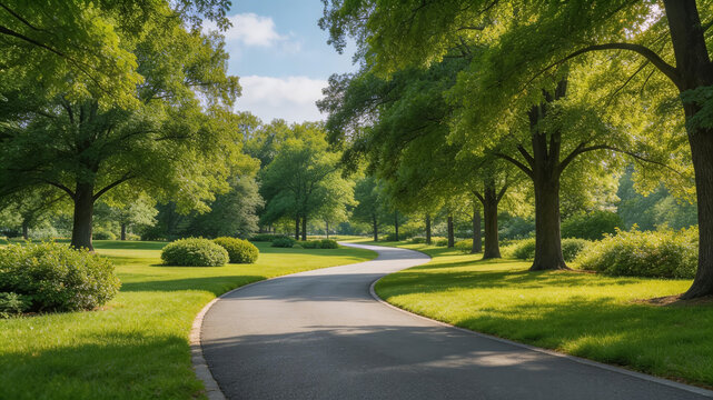 A winding paved pathway curves through a lush green park, lined with tall trees and vibrant greenery under bright sunlight, creating a serene and peaceful outdoor setting.