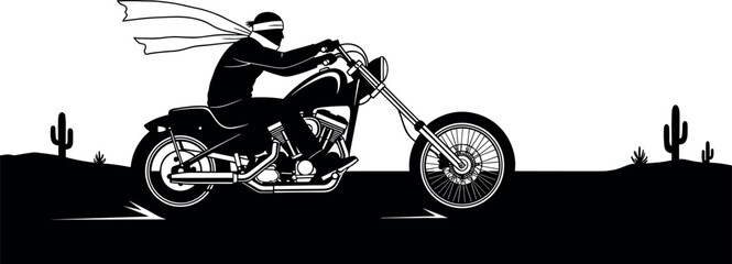 Black and white vector illustration of a rebel biker riding a custom chopper motorcycle through a desert landscape with cacti. © Natasha Laura 