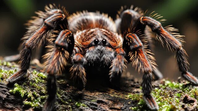 Extreme close-up macro shot of a large, hairy tarantula with striking reddish-orange hairs, perched on a moss-covered log in a natural forest setting.