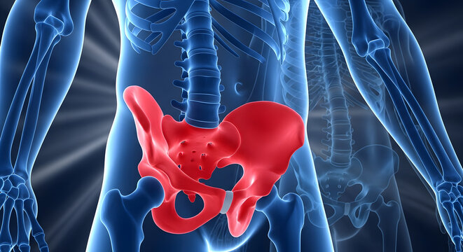 Detailed human skeletal structure illustration prominently featuring the highlighted pelvic bone system against a glowing backdrop