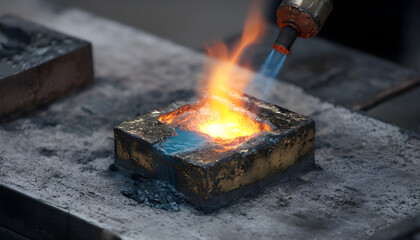 MAPP gas torch heats ingot mold in preparation for pouring molten metal.