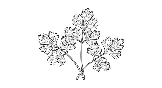 Delicate black and white line drawing depicts fresh sprigs of coriander or parsley with intricate leaf details.