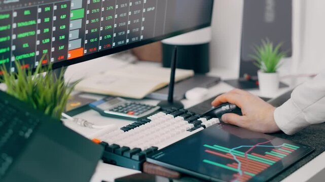 Financial market analysis dashboard trading charts office. Investor pointing stock exchange table data, monitor display price fluctuations, tablet screen with bar chart statistics, fintech workspace