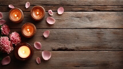 Fototapeta premium Romantic spa scene with candles, flowers, and petals on rustic wooden surface