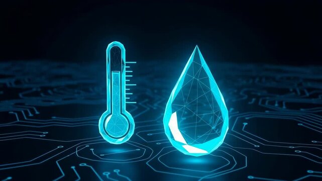 Glowing 3d-rendered Thermometer Water Droplet Are Illuminated Data Temperature Analysis Set Against Dark Blue Motherboard Backdrop Implying Technological Scientific Applications