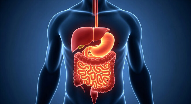 Detailed human torso showing illuminated internal digestive system organs for medical and educational purposes