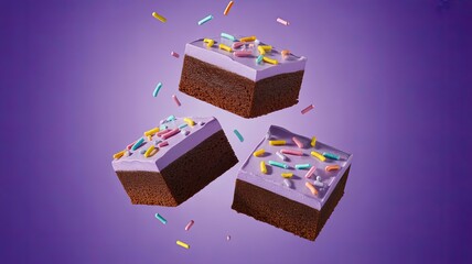 Three delicious chocolate brownies with purple frosting and colorful sprinkles float in the air.