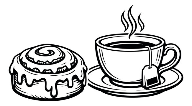 Hand drawn breakfast set featuring a cinnamon roll and a steaming cup of tea for a cafe menu