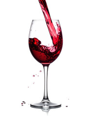 Red wine pouring into a glass isolated on transparent background