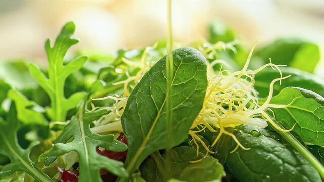 Vibrant Fresh Green Salad with Olive Oil Pouring in Slow Motion, Close-up of Healthy Organic Leaves, Symbolizing Wellness, Nutrition