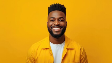 Fototapeta premium Portrait of a charismatic young black man with a beard smiling warmly in a yellow jacket on a matching yellow background