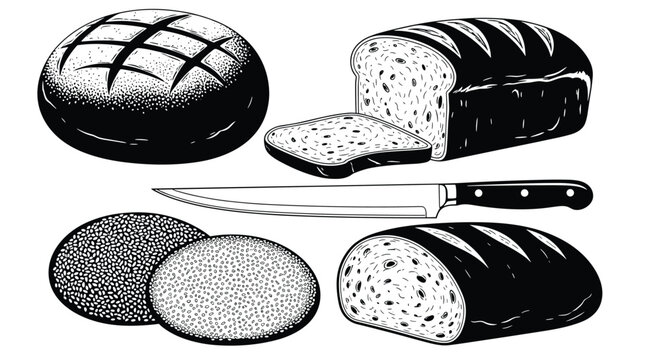 Assortment of baked bread loaves and buns are depicted in a detailed black and white sketch next to a sharp bread knife.
