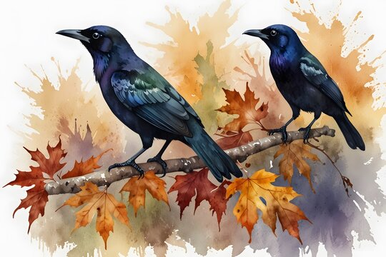 Grackle with autumn leaves in the background