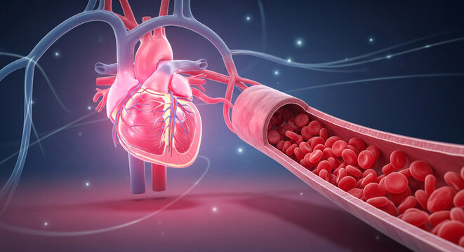 Detailed illustration of the cardiovascular system featuring the heart and active blood circulation within a vessel