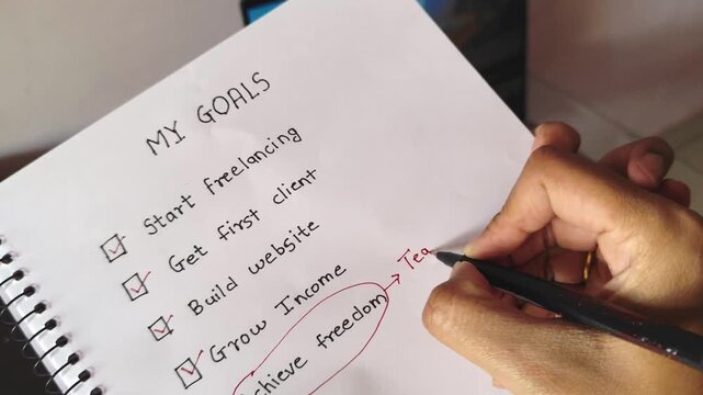 Close up video of a freelancer writing goals checklist in a notebook and adding Team Building beside circled Achieve Freedom. Concept of business growth strategy, entrepreneurship planning, startup.