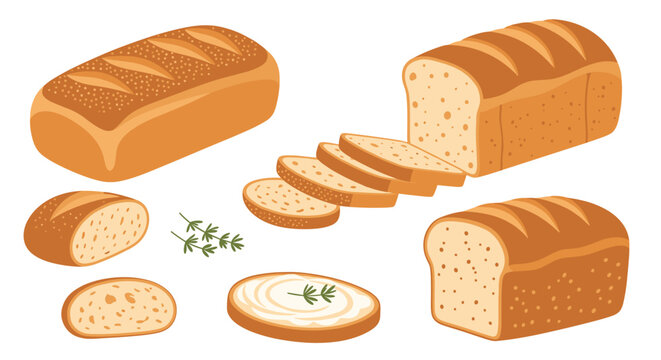 Multiple loaves of fresh whole grain bread are illustrated with various slices, herbs, and a savory cream spread.