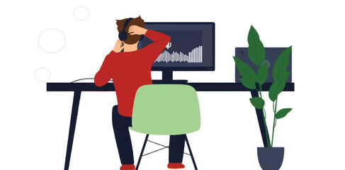 Modern Flat Vector Illustration of a Male Freelancer Working at a Desk with Monitor, Headphones, and Indoor Plant &ndash; Professional Remote Workspace for Web Design, Coding, and Creative Digital Art