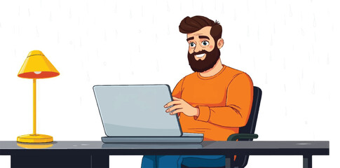 Bearded Male Freelancer Working on Laptop at Desk with Table Lamp Cartoon Illustration for Remote Work and Home Office Concepts