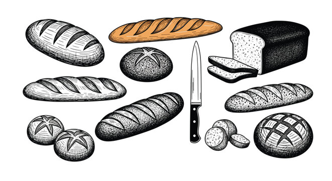 Diverse collection of bread and bakery items including loaves, baguettes, and a knife are shown in a detailed line art style.