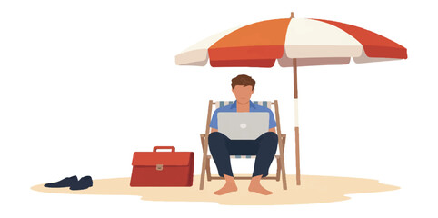 Freelance Man Working on Laptop at a Tropical Beach Under Umbrella Vector Illustration Concept