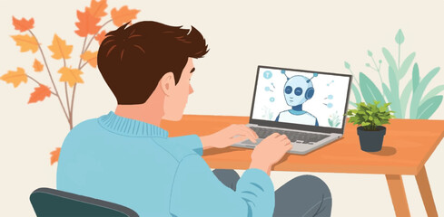 Boy Using AI Chatbot on Laptop for Online Learning and Digital Assistance Illustration