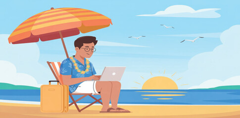 Digital Nomad remote Working on Laptop at Sunset Beach Illustration