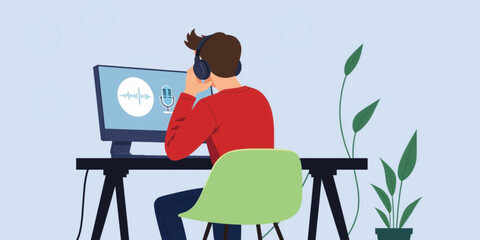 Modern Man Recording Podcast in Home Studio Illustration - Professional Content Creator Working at Desk with Microphone, Headphones, and Computer Monitor Flat Vector for Digital Media Marketing