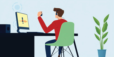 Modern Man Recording Podcast in Home Studio Illustration - Professional Content Creator Working at Desk with Microphone, Headphones, and Computer Monitor Flat Vector for Digital Media Marketing