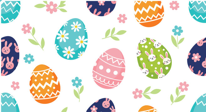 Seamless Vector Pattern Featuring Decorated Easter Eggs with Bunnies Daisies and Zig-Zags for Holiday Gift Wrap Textile Prints and Spring Website Backgrounds