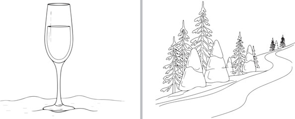 Obraz premium A minimal line-art vector graphic featuring a champagne flute resting on snow, paired with a scenic winter landscape of a winding path through a forest of pine trees.