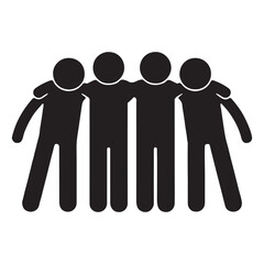 Four black silhouette stick figures with arms around each other's shoulders, symbolizing friendship or teamwork, isolated on white background