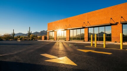 Naklejka premium Commercial building exterior at sunrise with desert landscape and arrow markings