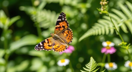 Obraz premium A vibrant painted lady butterfly gracefully flits through a lush green background filled with ferns, wildflowers, and daisies. 