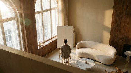 Fototapeta premium Contemplative figure in sunlit modern apartment, interior design and personal reflection