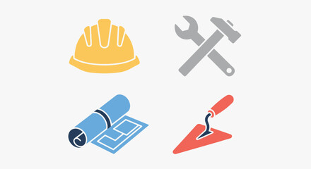 Fototapeta premium Construction Industry Icons Safety Helmet, Tools, Blueprint, and Trowel