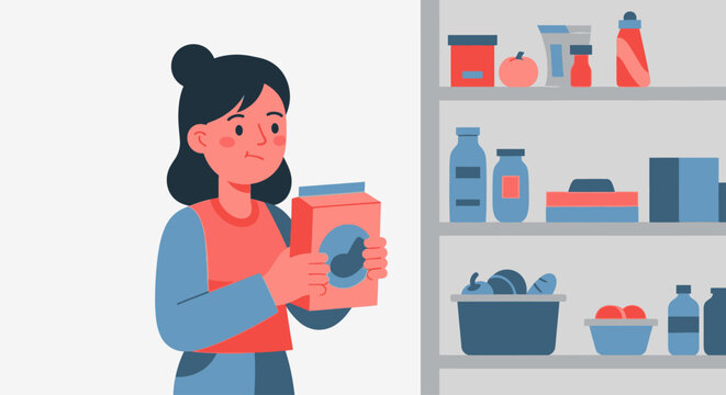 Concerned woman checking a food package in her organized kitchen pantry, contemplating health or expiry dates