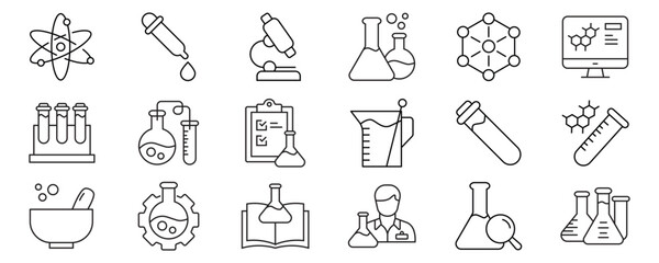 Chemistry icon set. Containing Laboratory test flask, reaction tube, chemistry lab, experiment, Chemical formula, Microscope, and more. Outline Icon Collection. Vector illustration. Editable stroke © bouver