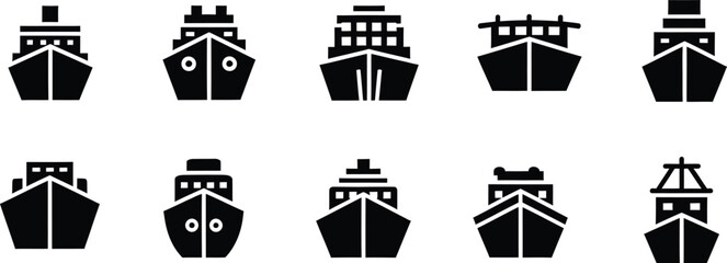 A collection of ten black ship icons representing various types of maritime vessels from a front view © Simu Store