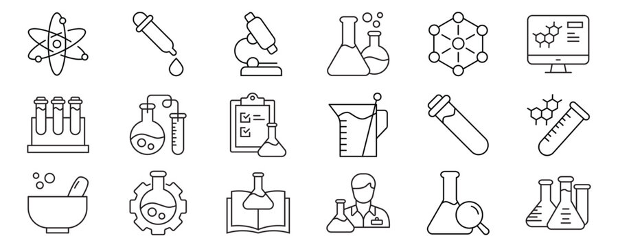 Chemistry icon set. Containing Laboratory test flask, reaction tube, chemistry lab, experiment, Chemical formula, Microscope, and more. Outline Icon Collection. Vector illustration. Editable stroke