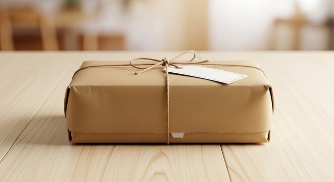 A wrapped gift sits on a wooden table. The package is wrapped in brown kraft paper and tied with twine.