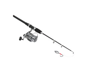 Fototapeta premium Modern fishing rod and reel with spoon lure attached, ready for casting into the water