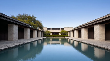 Modern architectural design with tranquil water feature and green landscape under clear blue sky