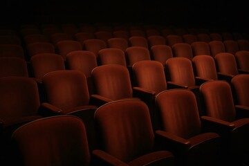 Obraz premium Darkened auditorium presenting rows of classic velvet seats, symbolizing anticipation, solitude, and the quiet before a performance