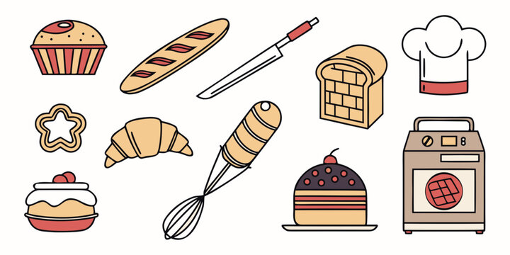 Assorted pastries and baking tools arranged in a delightful manner. Vector