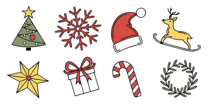 Assorted festive icons including stars, candy canes, and a santa hat Vector