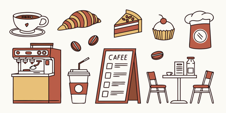 A vibrant illustration of various food items and kitchen utensils Vector