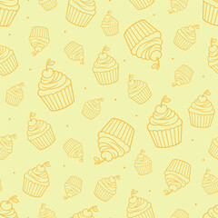 Vector seamless cute pattern with orange cupcakes with cherries on a yellow background