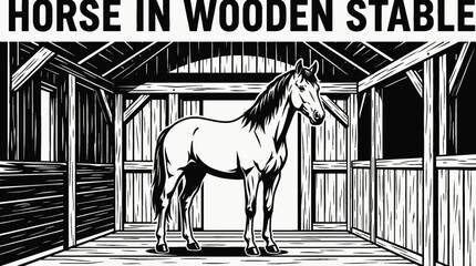 strong horse standing inside a wooden stable barn black and white vector representing farm life animal care rural agriculture and equestrian lifestyle © Ethan